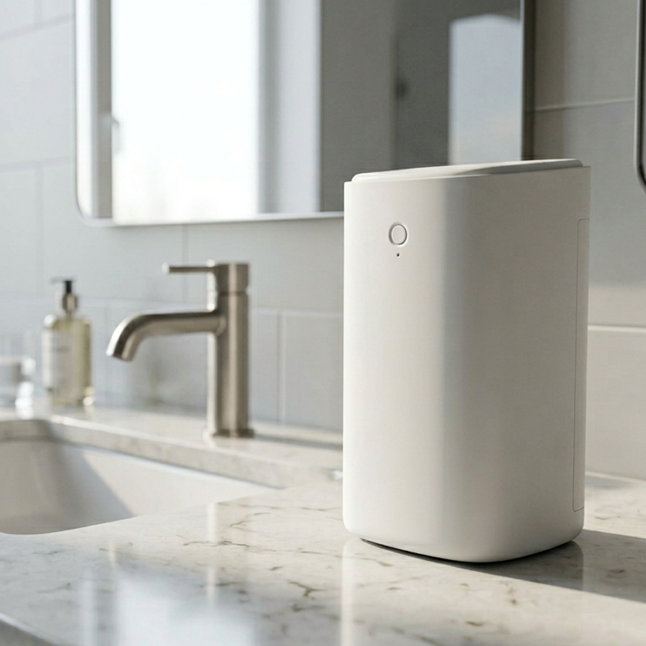 LensLoop recovery unit sitting on a clean marble bathroom counter