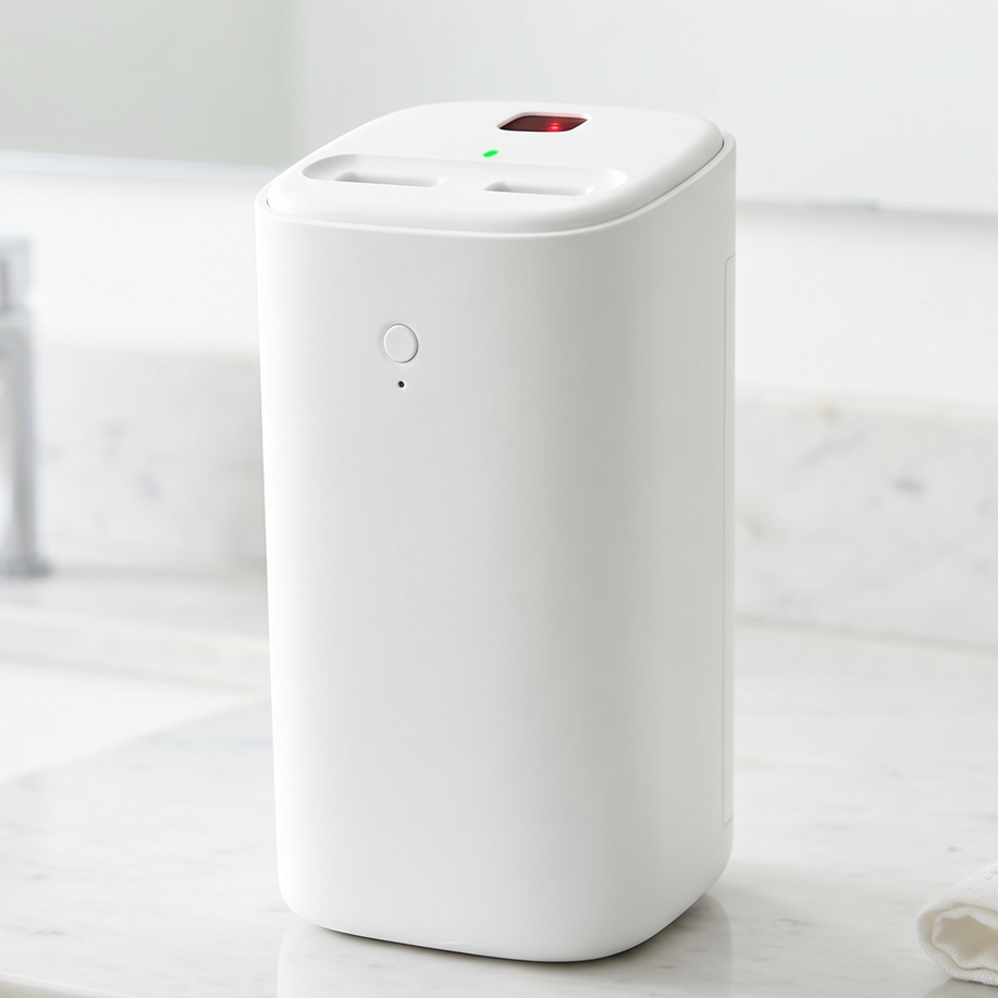LensLoop recovery unit on a clean marble bathroom counter — designed to sit exactly where contact lens waste is created