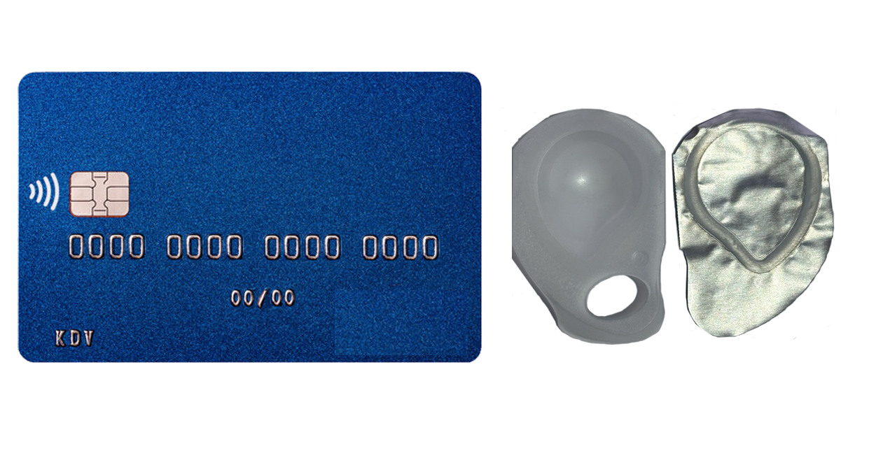 Contact lens blister pack beside a credit card showing scale