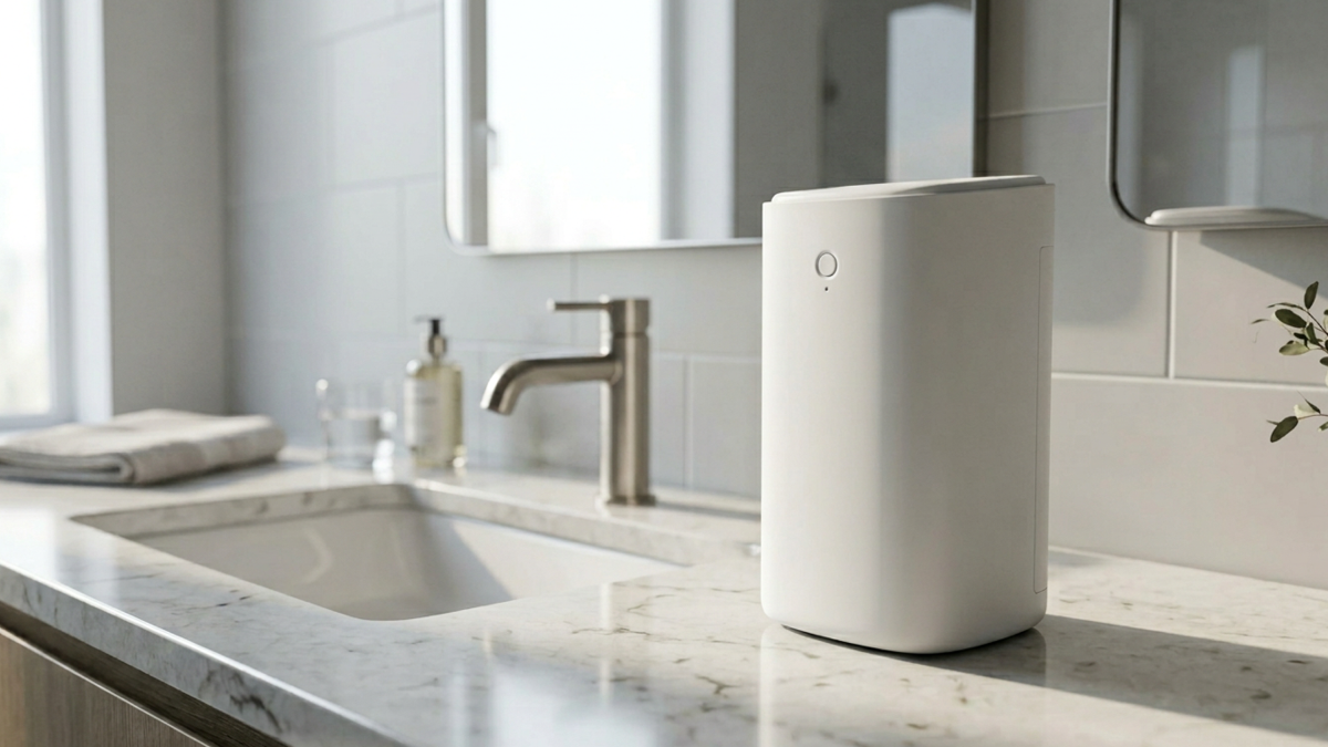 The LensLoop recovery unit sitting on a marble bathroom vanity counter, designed to sit exactly where contact lens waste is created