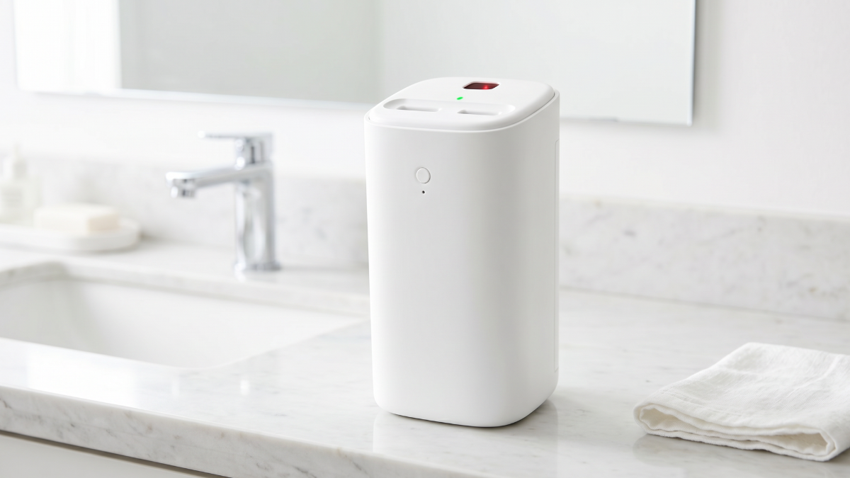 The LensLoop recovery unit on a bathroom countertop, capturing blister pack waste at the moment it's created