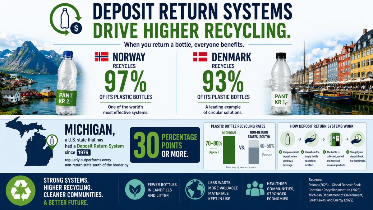 Norway recycles 97% of its plastic bottles. Denmark hits 93%.
